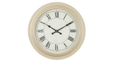Elegant cream colored round wall clock with roman numerals isolated on transparent background