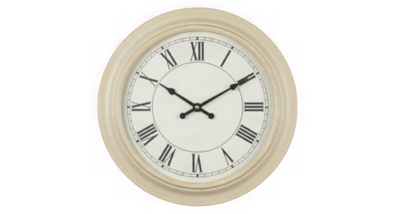 Elegant cream colored round wall clock with roman numerals isolated on transparent background