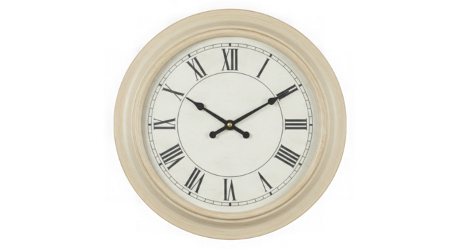 Elegant cream colored round wall clock with roman numerals isolated on transparent background