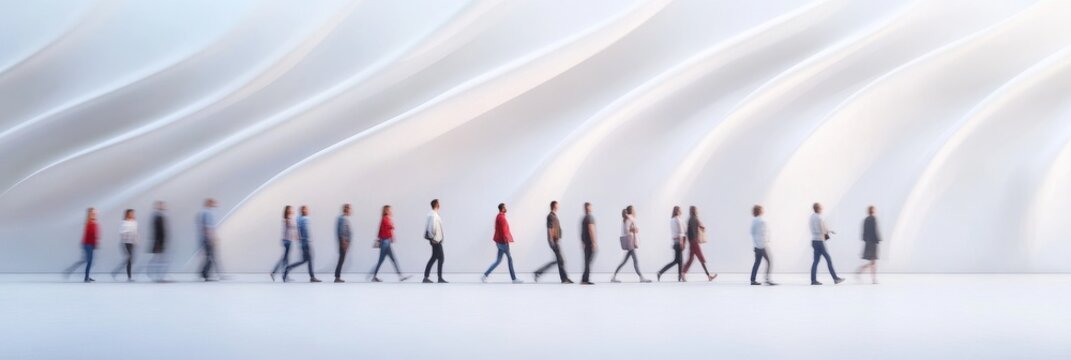 Dynamic crowd in motion near modern art museum - Powered by Adobe