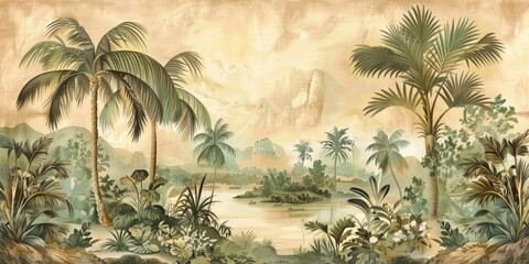 Wallpaper serene tropical landscape painting in pastel tones	
