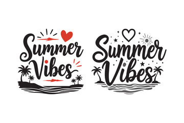 Summer vibes typography with tropical beach and ocean elements