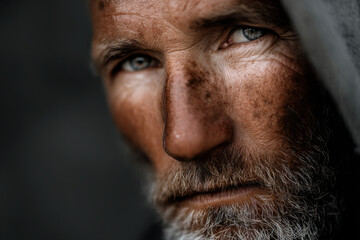 Fototapeta premium closeup portrait of homeless american man with exaggerated vivid emotions focusing solely on his face
