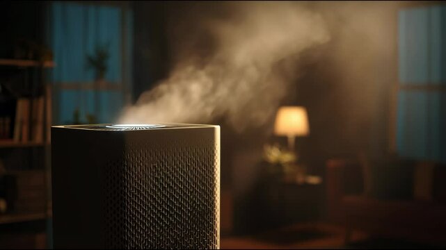 Modern air purifier emitting mist in cozy living room with warm lighting and soft furnishings
