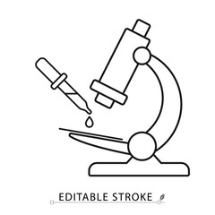 A microanalysis icon in minimalist style with editable stroke. Laboratory microscope, dropper tool, sample research, biology testing, scientific method, outline vector illustration.
