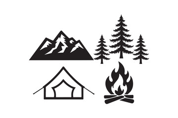 Camping icons featuring mountains trees tent and campfire
