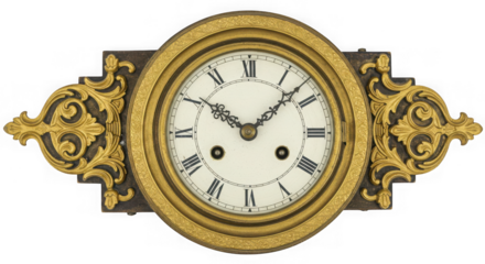 Antique gold ornate clock face with roman numerals isolated on transparent background