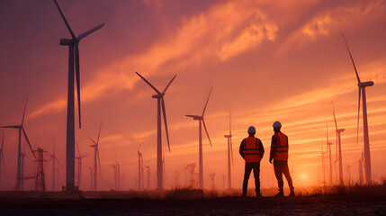 Engineers inspecting massive offshore wind turbines at sunset, dramatic lighting on both technicians and renewable energy infrastructure --ar 16:9