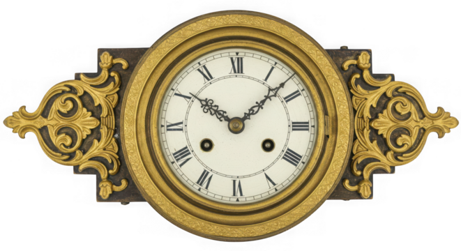 Antique gold ornate clock face with roman numerals isolated on transparent background - Powered by Adobe