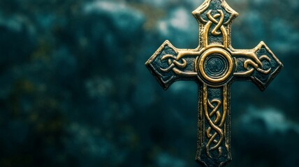 Intricate celtic cross on stone wall. AI image