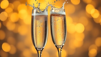 Two champagne glasses with sparkling liquid, capturing a dynamic splash against a festive golden backdrop.