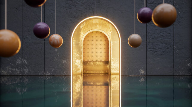 Modern archway with hanging spheres and reflective pool - Powered by Adobe