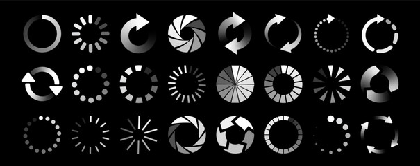 Collection of loading icons featuring various load bars and circular indicators. Progress bar for upload download round process.