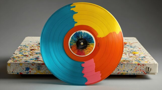 A striking vinyl record showcases bright blue, yellow, and orange colors, positioned on a turntable adorned with paint splatters, illustrating a fusion of music and artistic expression.