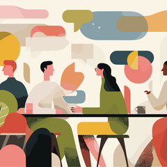 A guy and a girl meeting in a cozy cafe, romantic and warm, engaging in conversation, intimate cafe background