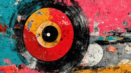 A vibrant abstract representation of a vinyl record features bold colors and textures, reflecting the essence of music and artistic creativity. The design evokes nostalgia and energy.