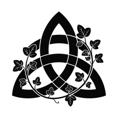 Celtic triquetra symbol adorned with ivy leaf vine black and white vector design