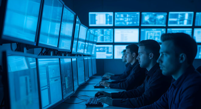 Cybersecurity team monitoring network activity in a high-tech control center environment with multiple display screens and focused attention - Powered by Adobe