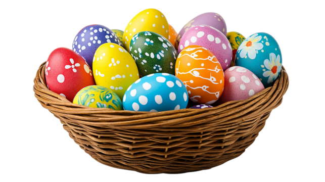 Colorful Easter Eggs in Wicker Basket isolated on a transparent background
