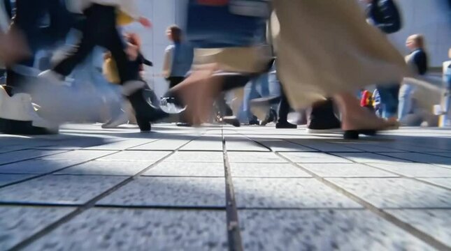 A low-angle time-lapse of a crowd's feet walking on a city sidewalk. Dolly in. 4K.
