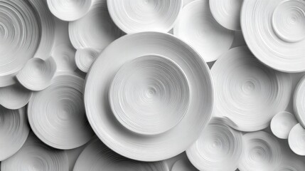 Unique arrangement of white plates with swirling patterns creates an eye-catching design. The texture and variety in sizes offer a modern aesthetic, perfect for interior decor.