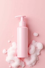 Pink Cosmetic Pump Bottle with Foam on Pastel Background