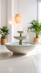 White marble fountain with tiered design, plants, and lighting