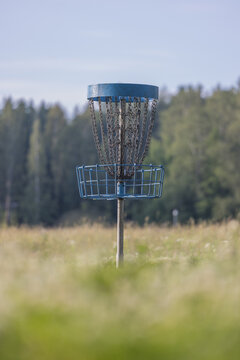 Focused Disc golf basket at Munkkiniemi course during golden hour in Helsinki, Finland - urban forest in the background