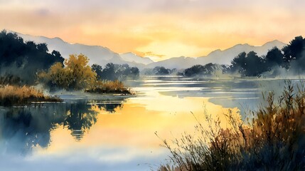 Fototapeta premium Tranquil Watercolor Painting of a Lake Sunrise