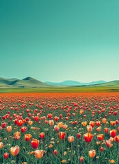 Vibrant field of blooming tulips in various colors, stretching across the landscape under a clear blue sky, showcasing the beauty of nature and the arrival of springtime