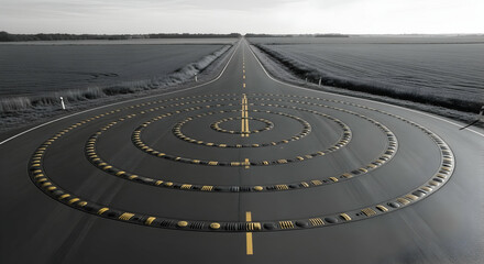 Circles Marking Asphalt Road And Peaceful Landscape Countryside Ahead Concept