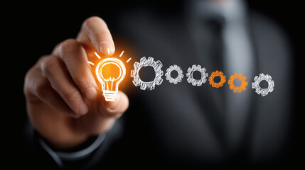 Persona señalando bombilla digital como símbolo de idea e innovación