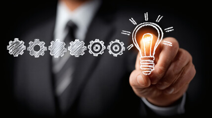 Persona señalando bombilla digital como símbolo de idea e innovación