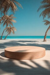 Light brown wooden circle podium on beach scene