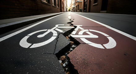 Cracked bicycle lane symbolizes infrastructure neglect and challenges for cyclists