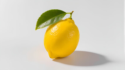 Studio photo of a fresh whole lemon with a green leaf on a branch. The lemon is located in the center on a white background with a soft shadow. Bright yellow color, natural texture of the peel and jui