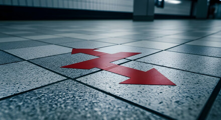 Decisions Directions Arrows Pointing Opposite Ways Painted Red on Subway Floor