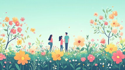 Colorful flat illustration depicting three individuals standing in a vibrant flower field, surrounded by blooming plants and a serene sky, capturing a joyful moment in nature's beauty