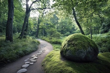 Moss-covered stone path winding through ancient forest