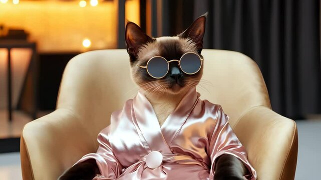 Siamese cat with silk robe and small round sunglasses relaxing on a modern lounge chair with warm lighting