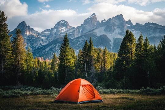 Orange tent in a meadow, majestic mountains in the background