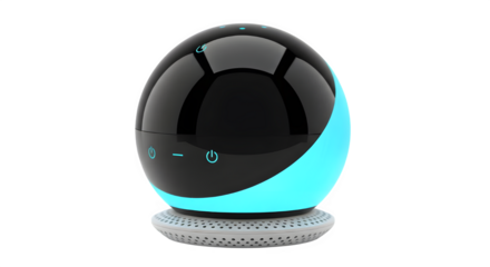 Spherical black gadget with glowing blue accents and touch controls rests on a textured white base, illuminated against a dark backdrop, evoking technology and modern design, transparent background