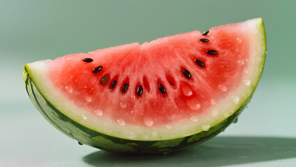 A close-up of a fresh watermelon slice, showing the bright, juicy red flesh with black seeds and green striped rind. Small drops of water are visible on the surface of the watermelon, highlighting its
