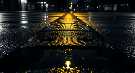City street reflection after rainfall showcasing the urban landscape at night
