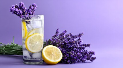 A pink surface provides the base for a glass of water infused with the flavors and aromas of lemon slices and lavender sprigs, all set against purple flowers