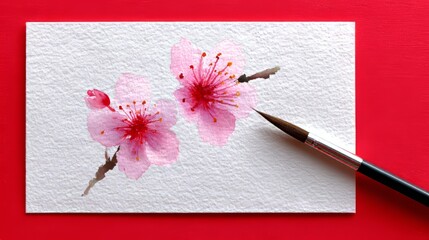 A green stem supports three pink flowers on a white background, which also includes two red flowers at the extremities