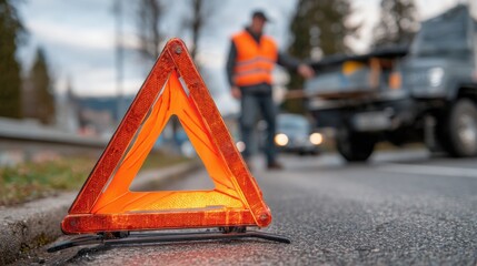A worker in a reflective vest guides a vehicle at a roadside while a bright orange warning triangle signals an emergency situation in the background.