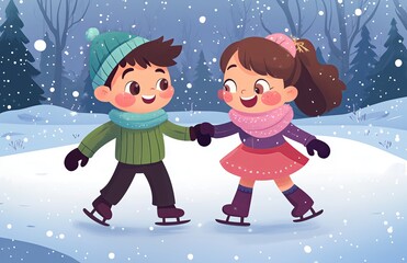 Two cheerful children skating on ice in a snowy winter landscape, holding hands and enjoying the festive atmosphere, surrounded by snow-covered trees and falling snowflakes