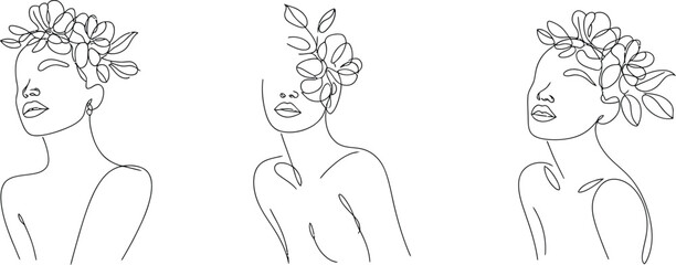 Feminine Face Line Drawings Blended with Rose Details – Botanical Illustration