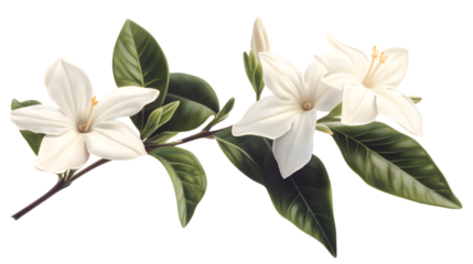 Elegant Botanical Illustration Of White Gardenia Flowers With Lush Green Leaves